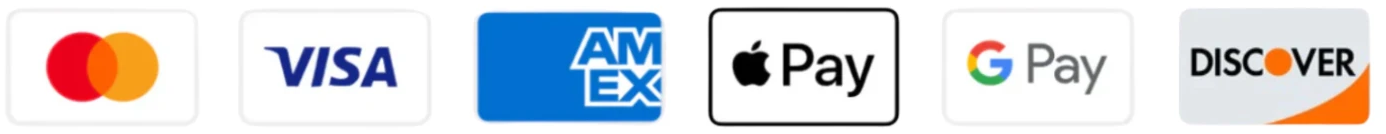 Mastercard, Visa, American Express, Apple Pay, Google Pay, Discover